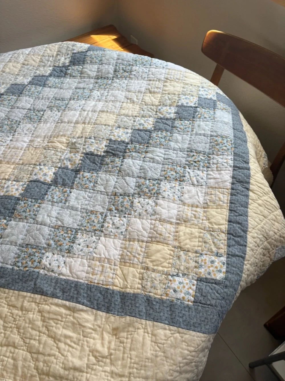 Classic Quilted Bedspread in Cream and Light Blue Handmade Vintage